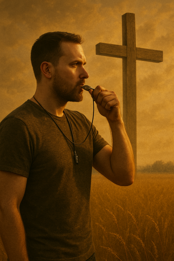 man blowing a whistle next to a cross, to illustrate the idea of a church whistleblower